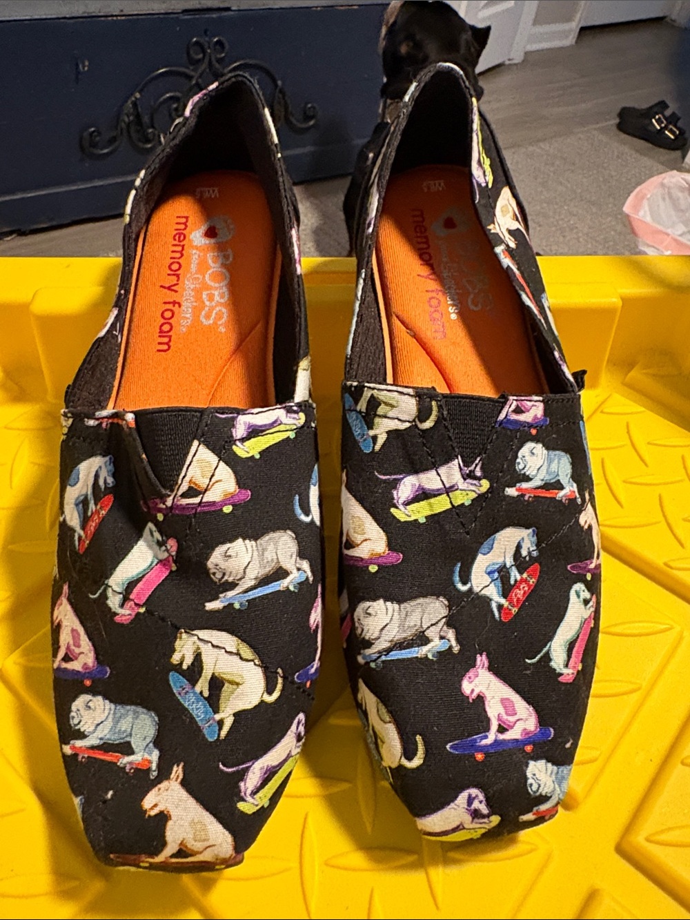 BOBS from Skechers Black Slip-On Flats with Multicolor Skateboarding Dogs
